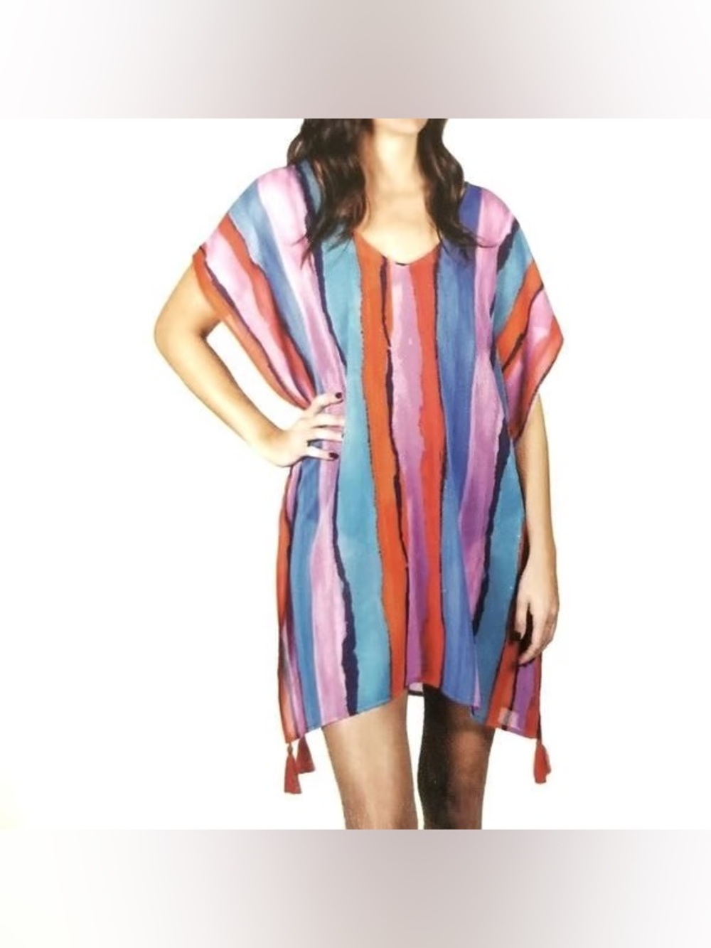 Palisades Beach Club Multicolor Stripe Tassel Kaftan Coverup M/L